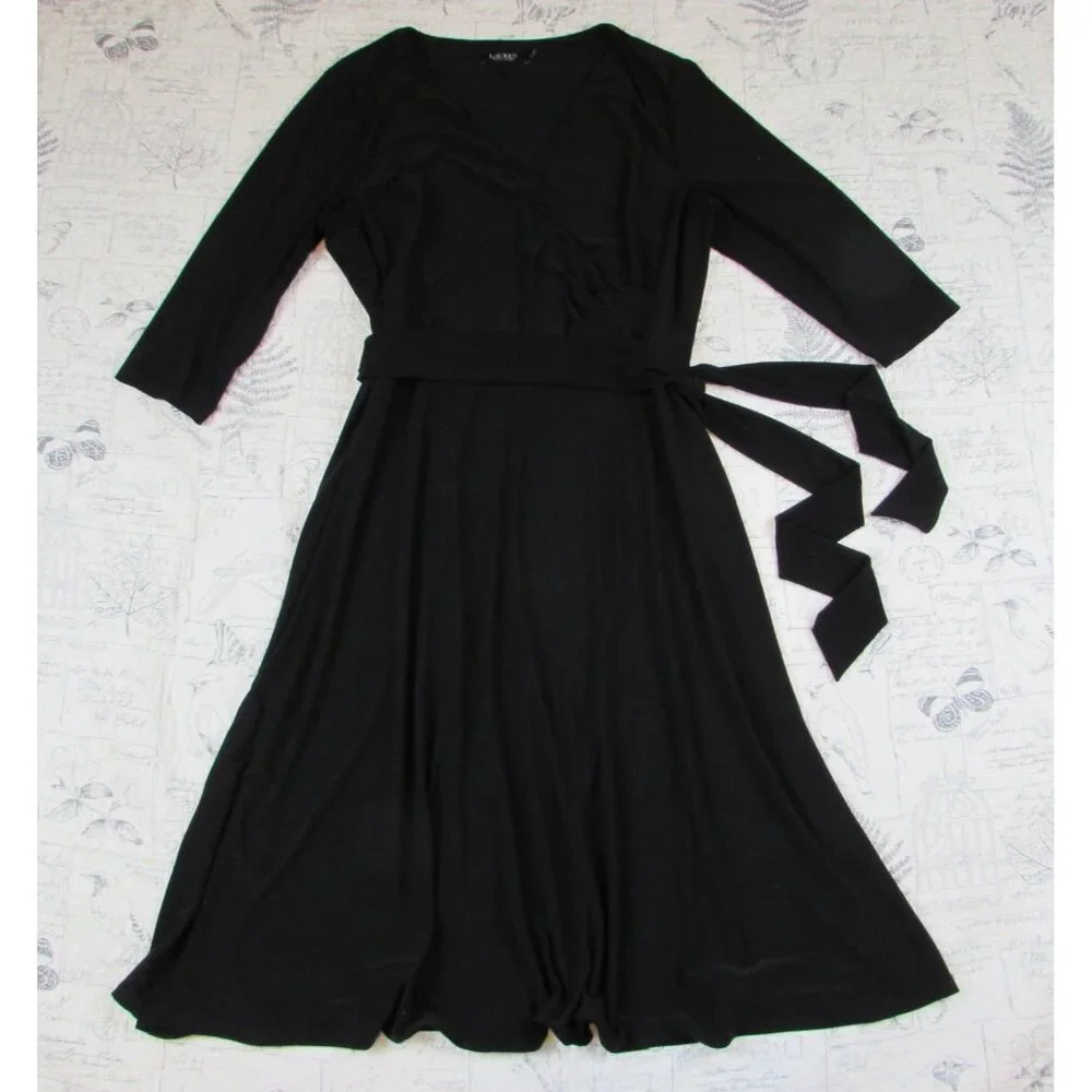 EUC Lauren Ralph Lauren Black Label Surplice Jersey Dress Black Women's 18 - Picture 1 of 8